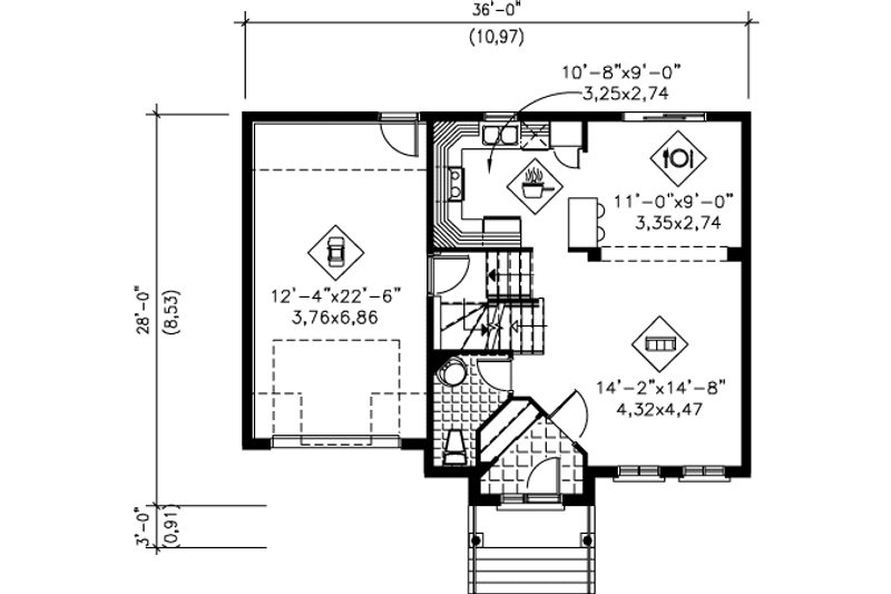House Design - Floor Plan - Main Floor for Country House Plan #25-4145 - 2 bed, 1.5 bath