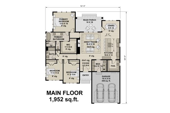 Floor Plan - Main Floor for Farmhouse House Plan #51-1236 - 3 bed, 2 bath