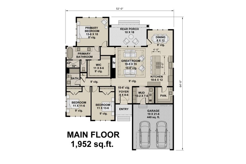 Home Plan - Floor Plan - Main Floor for Farmhouse House Plan #51-1236 - 3 bed, 2 bath