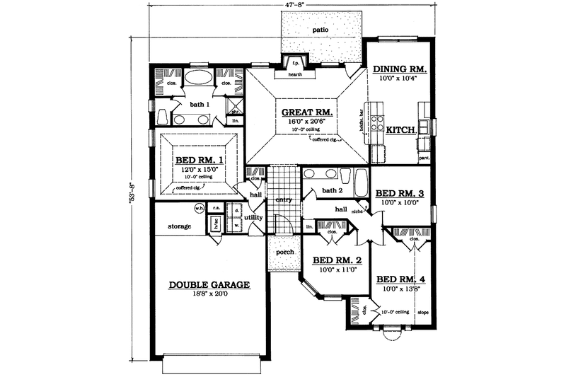 House Blueprint - Floor Plan - Main Floor for Country House Plan #42-662 - 4 bed, 2 bath