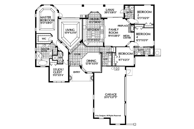 Dream House Plan - Floor Plan - Main Floor for Ranch House Plan #999-16 - 5 bed, 4 bath