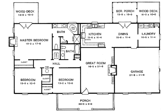 Floor Plan - Main Floor for Ranch House Plan #10-106 - 3 bed, 2 bath