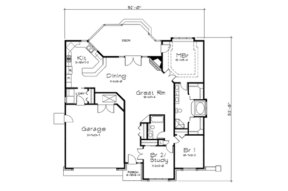 Floor Plan - Main Floor for Ranch House Plan #57-258 - 3 bed, 2 bath