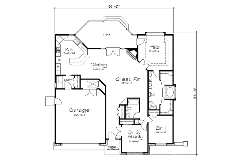Architectural House Design - Floor Plan - Main Floor for Ranch House Plan #57-258 - 3 bed, 2 bath