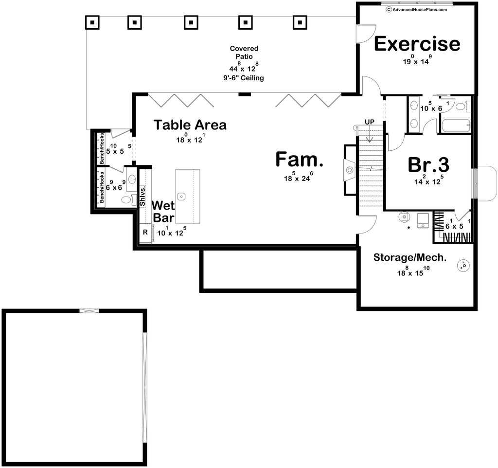 Lakefront house plan with walkout basement, lower level floor plan