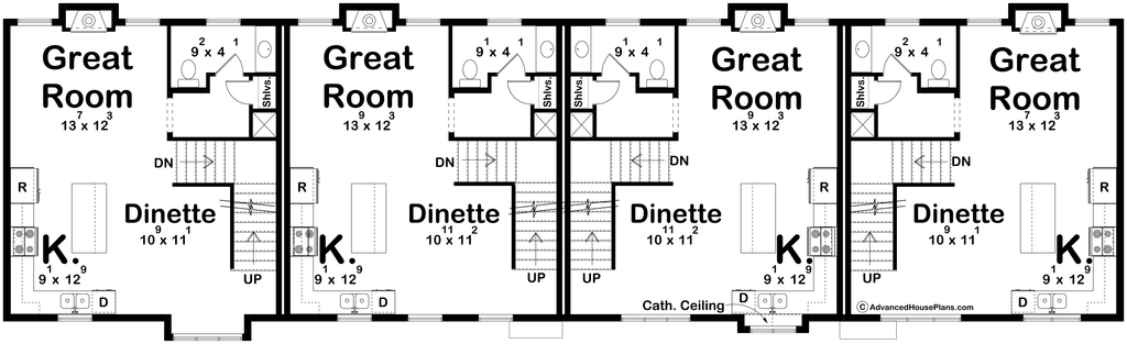 Floor plan for a quadplex townhome complex with simple open layouts