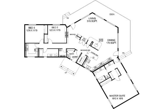 Floor Plan - Main Floor for Ranch House Plan #60-338 - 3 bed, 2 bath