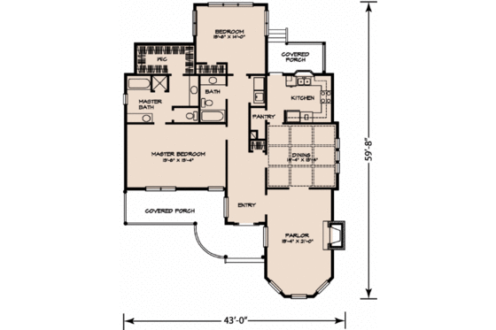 Floor Plan - Main Floor for Cottage House Plan #140-141 - 2 bed, 2 bath