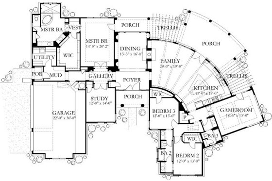 Floor Plan - Main Floor for Mediterranean House Plan #80-189 - 4 bed, 3 bath