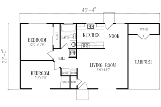 Floor Plan - Main Floor for Ranch House Plan #1-116 - 2 bed, 1 bath