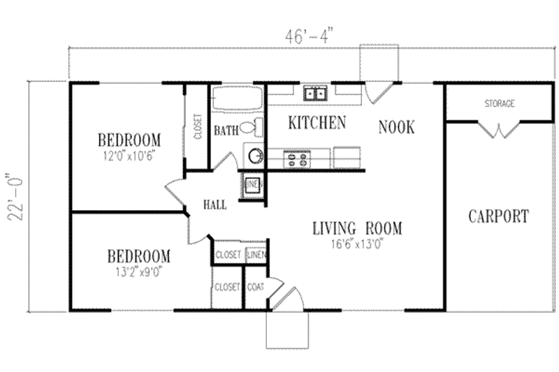 House Blueprint - Floor Plan - Main Floor for Ranch House Plan #1-116 - 2 bed, 1 bath