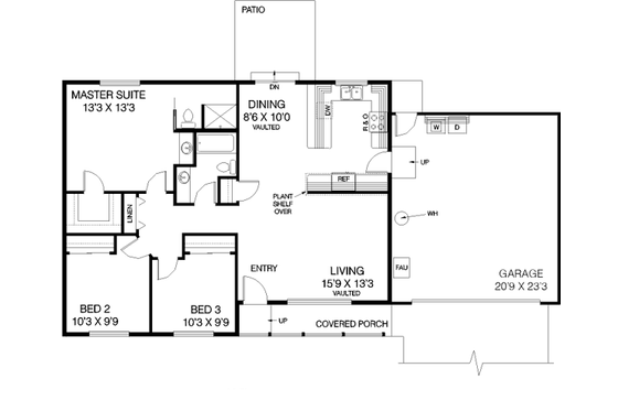 Floor Plan - Main Floor for Ranch House Plan #60-445 - 3 bed, 2 bath