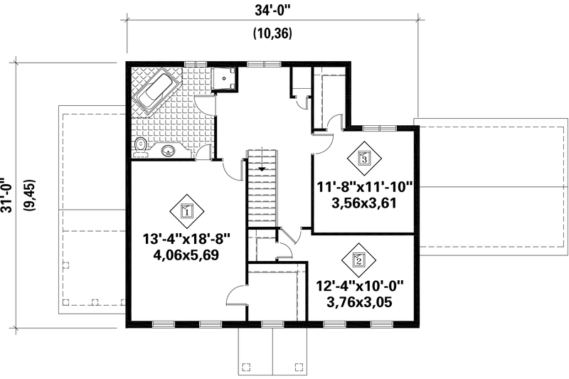House Blueprint - Floor Plan - Upper Floor for Colonial House Plan #25-4761 - 3 bed, 1 bath