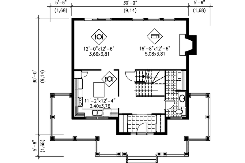 House Blueprint - Floor Plan - Main Floor for Country House Plan #25-2009 - 3 bed, 1.5 bath