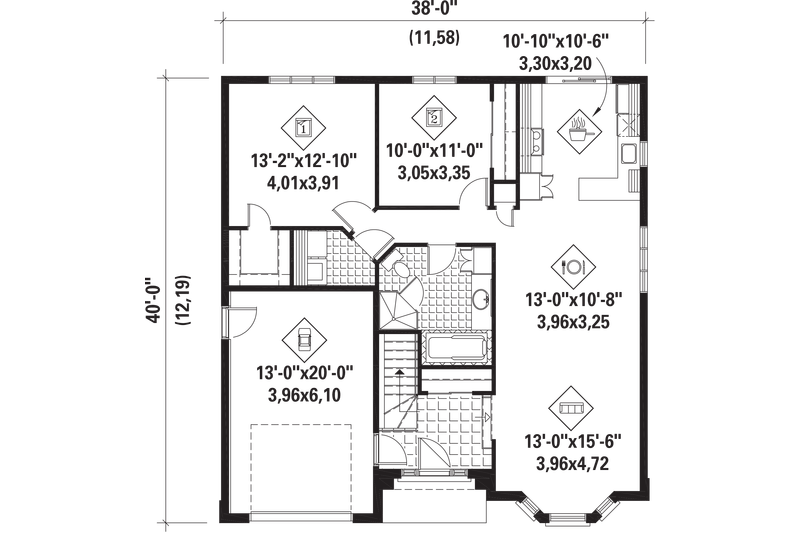 House Blueprint - Floor Plan - Main Floor for European House Plan #25-4596 - 2 bed, 1 bath