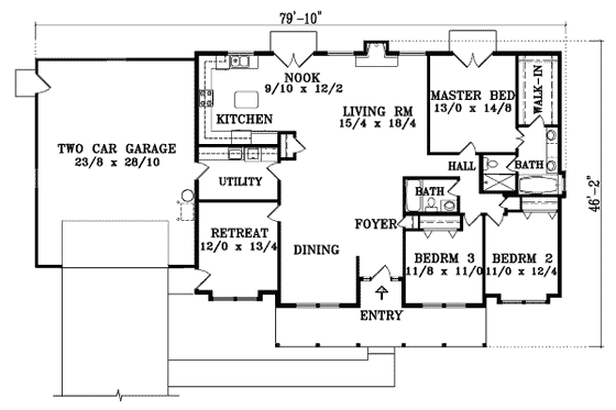 Floor Plan - Main Floor for Adobe / Southwestern House Plan #1-1420 - 3 bed, 2 bath