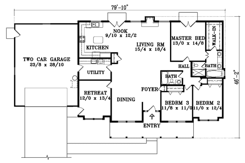 Home Plan - Floor Plan - Main Floor for Adobe / Southwestern House Plan #1-1420 - 3 bed, 2 bath