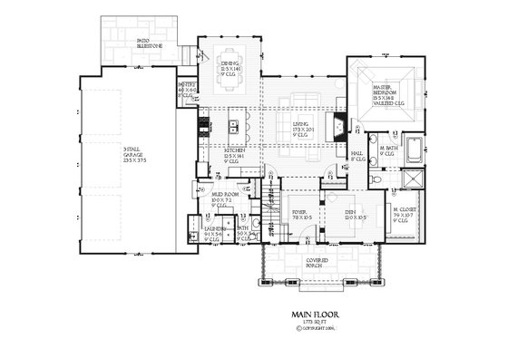Bungalow style house plan, Craftsman design, main level floor plan