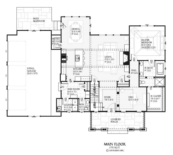 House Blueprint - Bungalow style house plan, Craftsman design, main level floor plan