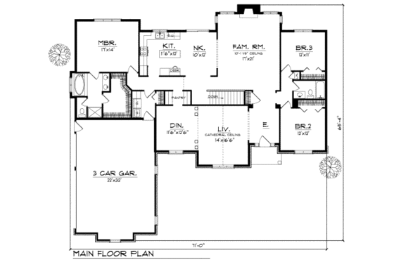 Floor Plan - Main Floor for Traditional House Plan #70-378 - 3 bed, 2 bath