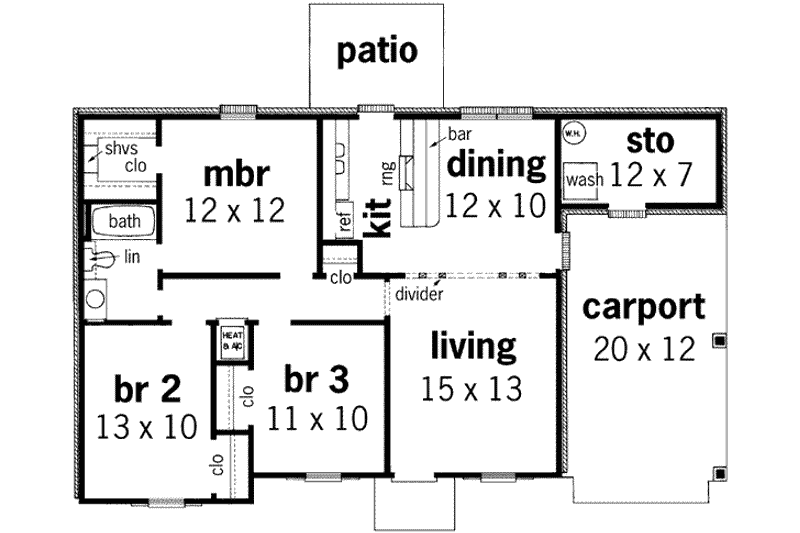 House Blueprint - Floor Plan - Main Floor for Ranch House Plan #45-233 - 3 bed, 1 bath