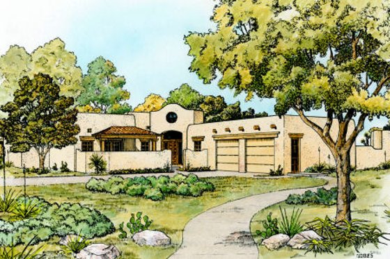Exterior - Front Elevation for Adobe / Southwestern House Plan #140-138 - 4 bed, 3 bath