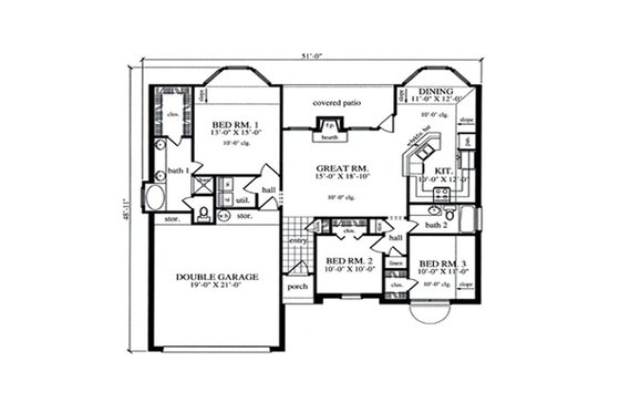 Floor Plan - Main Floor for Traditional House Plan #42-380 - 3 bed, 2 bath