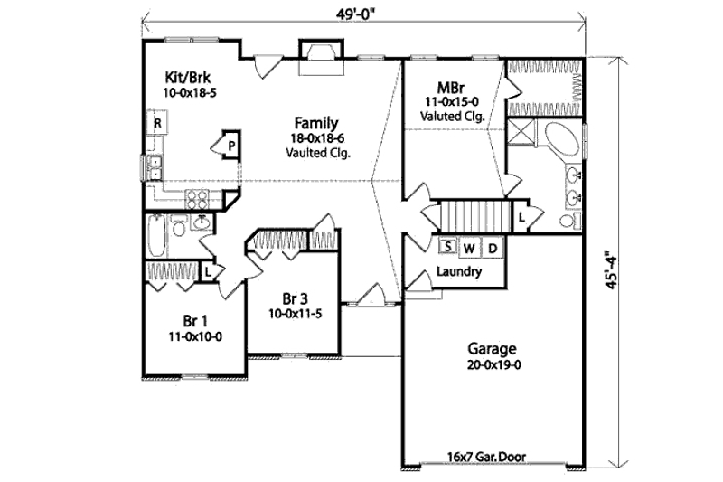 House Design - Floor Plan - Main Floor for Ranch House Plan #22-534 - 3 bed, 2 bath