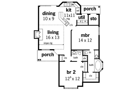 Floor Plan - Main Floor for Mediterranean House Plan #45-101 - 2 bed, 1.5 bath