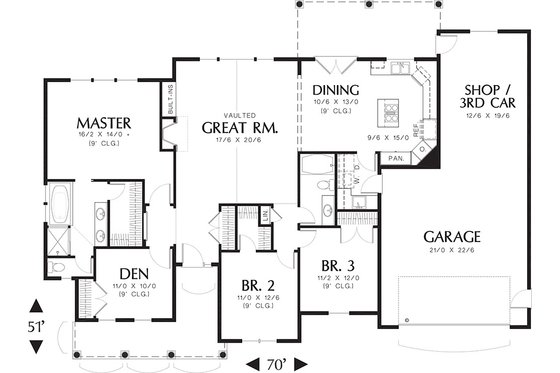 Floor Plan - Main Floor for Craftsman House Plan #48-101 - 3 bed, 2 bath