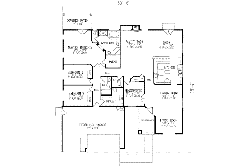 House Blueprint - Floor Plan - Main Floor for Mediterranean House Plan #1-613 - 4 bed, 2.5 bath