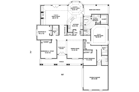 Floor Plan - Main Floor for Traditional House Plan #81-370 - 4 bed, 3 bath