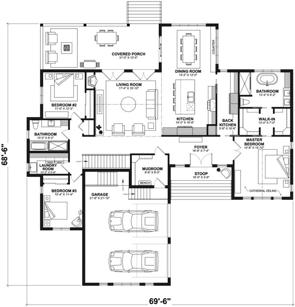 Home Plan - Floor Plan - Main Floor for Farmhouse House Plan #23-2769 - 3 bed, 2 bath