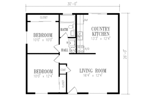Floor Plan - Main Floor for Traditional House Plan #1-114 - 2 bed, 1 bath