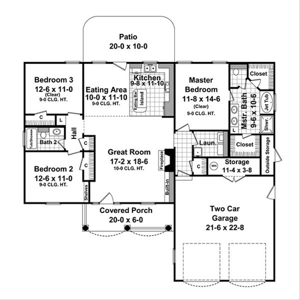 Traditional Style House Plan - 3 Beds 2 Baths 1500 Sq/Ft ...