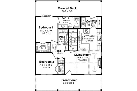 Floor Plan - Main Floor for Farmhouse House Plan #21-476 - 2 bed, 2 bath