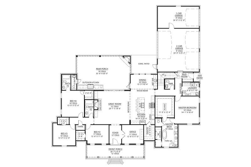 Architectural House Design - Floor Plan - Main Floor for Southern House Plan #1074-60 - 4 bed, 3.5 bath