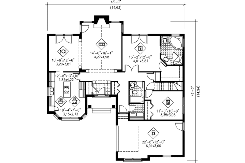 House Design - Floor Plan - Main Floor for Traditional House Plan #25-164 - 2 bed, 2 bath