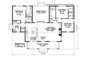 Floor Plan - Main Floor for Farmhouse House Plan #51-1443 - 3 bed, 2 bath