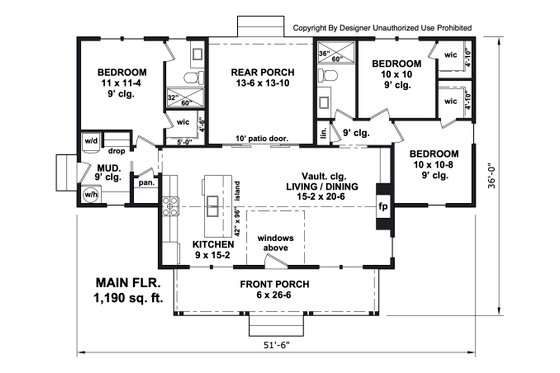 Floor Plan - Main Floor for Farmhouse House Plan #51-1443 - 3 bed, 2 bath
