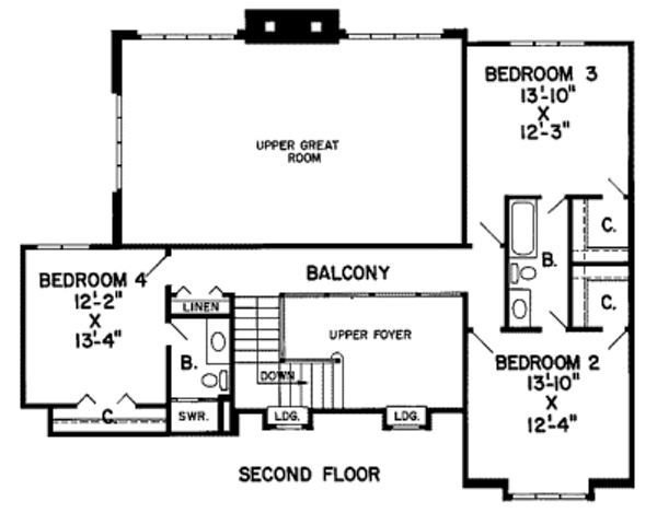 Floor Plan - Upper Floor for Traditional House Plan #312-205 - 4 bed, 3.5 bath
