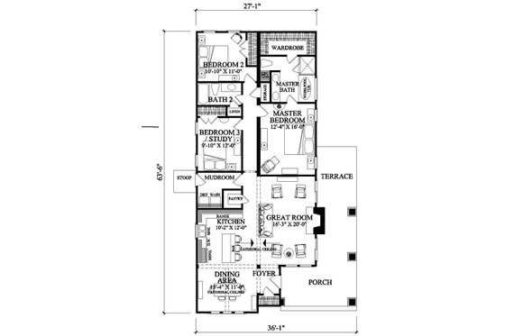 Floor Plan - Main Floor for Craftsman House Plan #137-267 - 3 bed, 2 bath