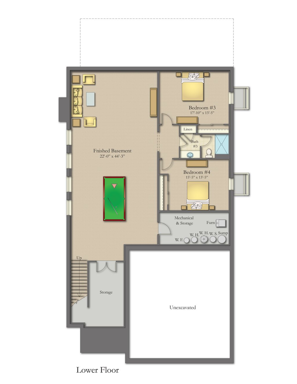 Floor Plan - Lower Floor for Craftsman House Plan #1057-49 - 3 bed, 3 bath