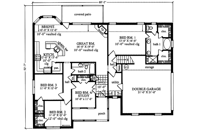 House Blueprint - Floor Plan - Main Floor for Country House Plan #42-636 - 3 bed, 2 bath