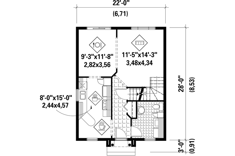 Home Plan - Floor Plan - Main Floor for European House Plan #25-4724 - 3 bed, 1 bath