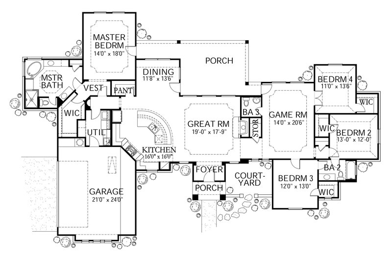 Dream House Plan - Floor Plan - Main Floor for Mediterranean House Plan #80-167 - 4 bed, 2.5 bath