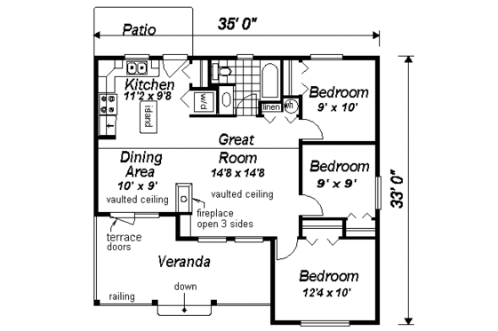 Floor Plan - Main Floor for Ranch House Plan #18-1046 - 3 bed, 1 bath
