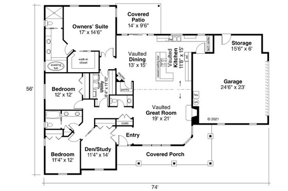 Floor Plan - Main Floor for Ranch House Plan #124-1141 - 3 bed, 2.5 bath