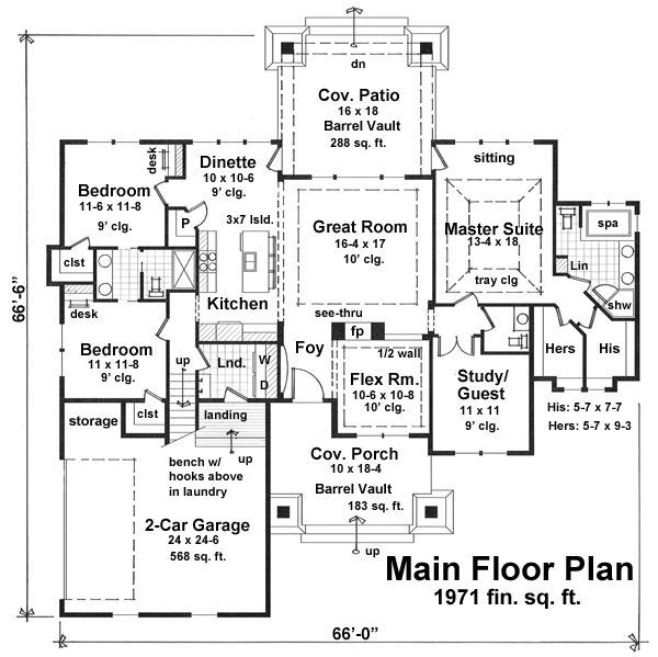 Craftsman style house plan, bungalow design, main level floor plan