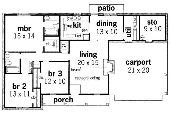 Floor Plan - Main Floor for Ranch House Plan #45-107 - 3 bed, 2 bath